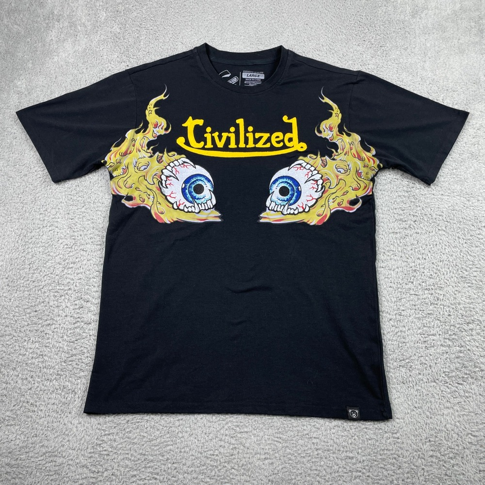 Civilized Flaming Eyeball Textured T-Shirt Mens Large Black Streetwear Y2K Skate